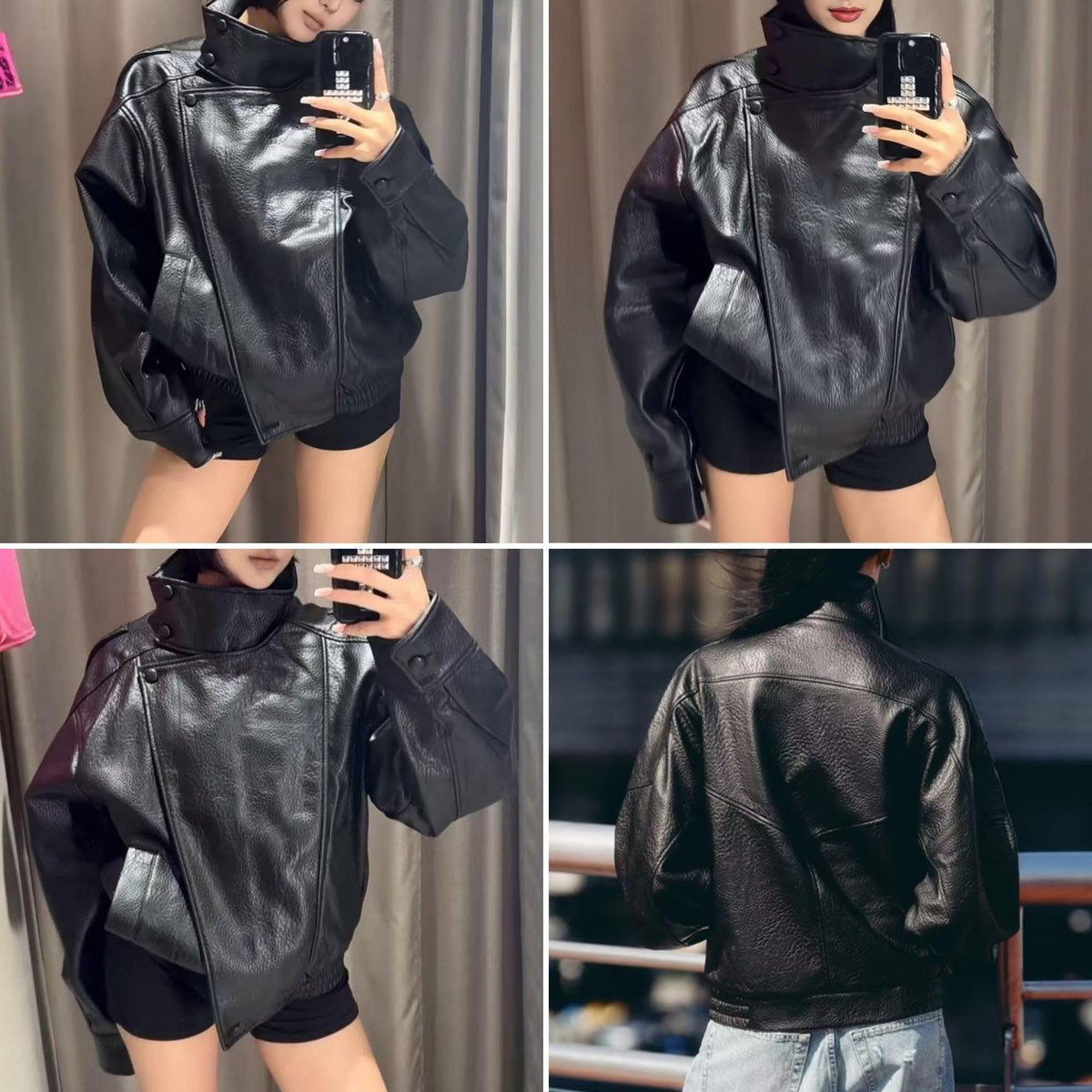 FindThy Women’s Oversized Faux Leather Jacket Casual High Collar Long Sleeve Zip Up Fall Fashion Motorcycle Coats(4201-Black-S-LB)