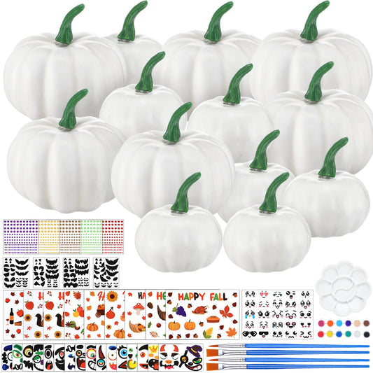 Simgoing 36 Sets Thanksgiving Pumpkin Painting Kits White Plastic Pumpkin with Stickers Paint Paintbrushes Thanksgiving Crafts for Holiday Activity Coloring DIY Art Projects Party Decoration