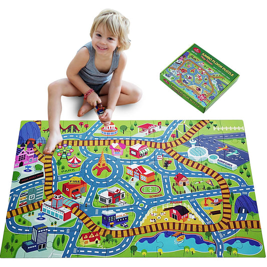 Beeqoo City Adventure Giant Floor Puzzle for Kids Ages 3-8 - 60 Piece Large Piece Puzzles- Town Map with Race Tracks & Train Tracks - Storytelling Educational Preschool Toy for Toddlers Ages 3+