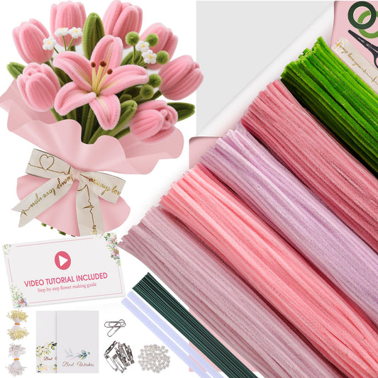 EARLY MINDS 500 Pcs Pipe Cleaners Craft Kit for Flower Making, DIY Bouquet Set with 8mm Chenille Stems, Step-by-Step Tutorial, Floral Wire, Ribbon & Tools for Handmade Gifts and Decor, Pink