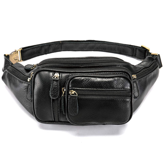 Genuine Leather Fanny Pack large capacity Crossbody Waist Bag with Zipper phone Pockets black
