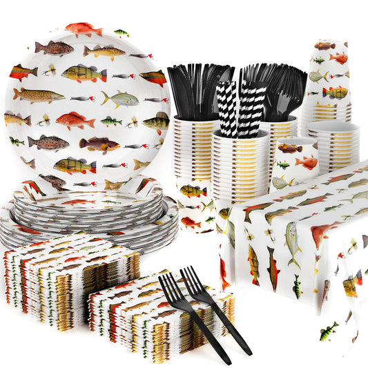 141Pcs Fishing Happy Birthday Party Decorations Fishman Birthday Plates and Napkins Forks Cups Cutlery Tablecloch Supplies Serve 20 Fishing Themed Party Tableware Set Decorations for Baby Shower Decor