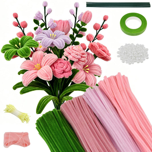 CHRORINE 320 Pcs Pipe Cleaners Bulk Pipe Cleaner Flower Kit Craft Supplies Soft and Flexible Creative Suitable for Art DIY Packaging and Decoration- Green, Light Pink, Pink, Dark Pink