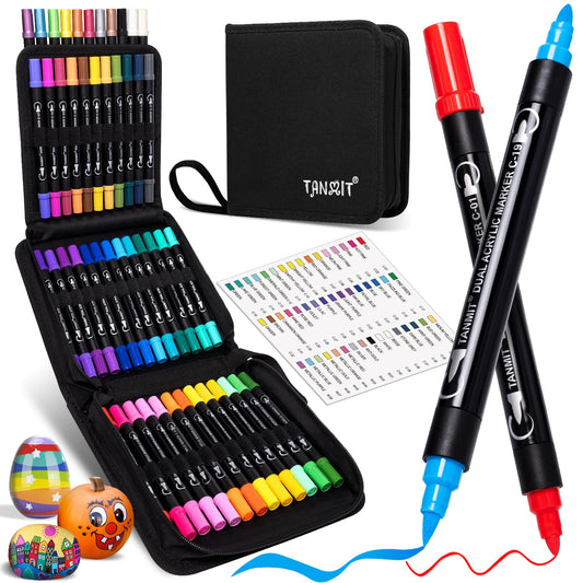 TANMIT 48 Colors Dual Tip Acrylic Paint Markers, Paint Pens Set with Brush Tip and Fine Tip For Fabric, Rock, Wood, Glass, Eggs, Scrapbook, DIY Crafts Making Art Supplies - Teacher Appreciation Gift