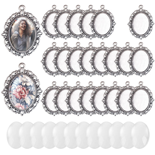 Hilltian 100 Pcs Bezel Pendant Blanks Settings, 50 Oval Pendant Trays Photo Charms with 50 Clear Glass Cabochon for Jewelry Making, DIY Blank Bezels Trays Kit for Crafts, 25x18mm (Antique Silver)