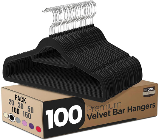 Utopia Home Velvet Hangers - Premium Non-Slip Slim Clothes & Coat Hangers, 100 Pack, Black