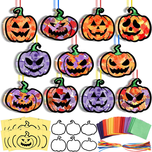 Yaomiao 30 Set Halloween Pumpkin Suncatchers Paper Crafts Kit DIY Shaped Stained Glass Effect Tissue Paper Hanging Suncatchers for Halloween Home Birthday Party Favors Gifts