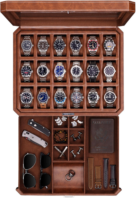 ROTHWELL 18-Slot Watch Case with Drawer – Luxury Watch Box for Men, Real Glass Top, Lockable, Display Case for Collections (Tan/Brown)