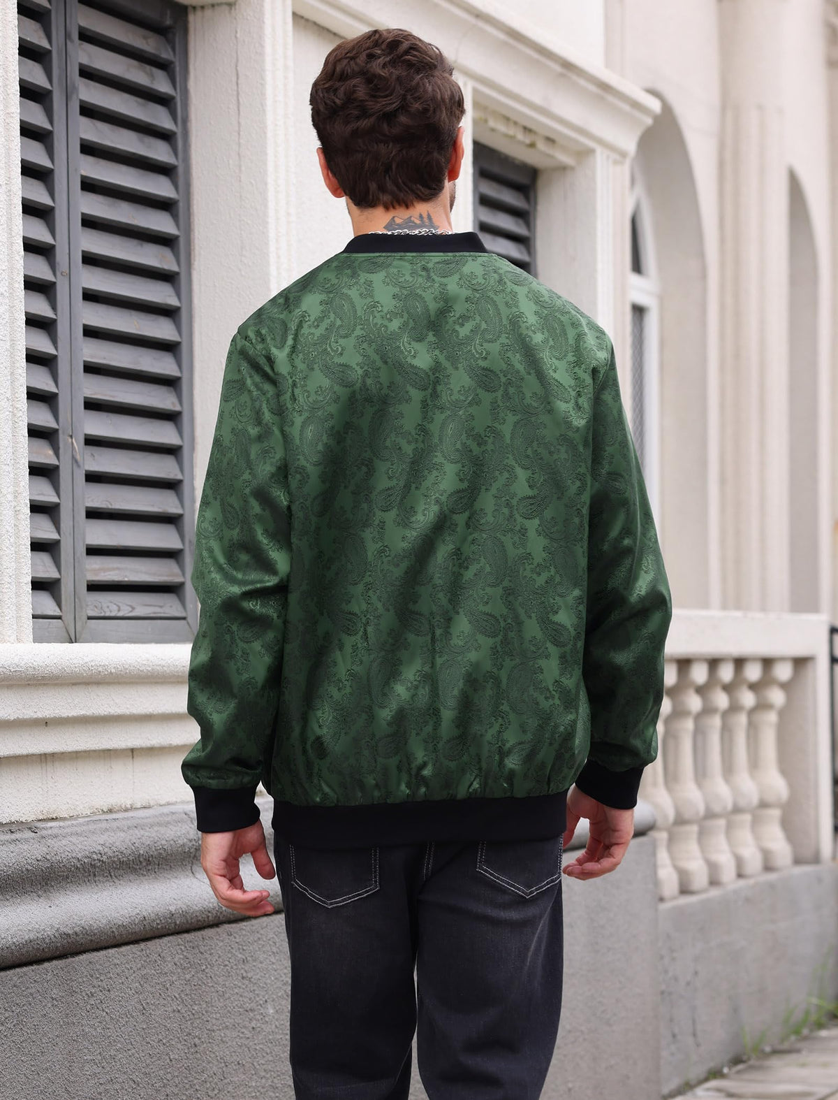 OLEMEK Men's Bomber Jacket Long Sleeve Zipper Paisley Floral Jacket Lightweight Casual Windbreaker Night Party Nightclub Jackets Dark Green XL