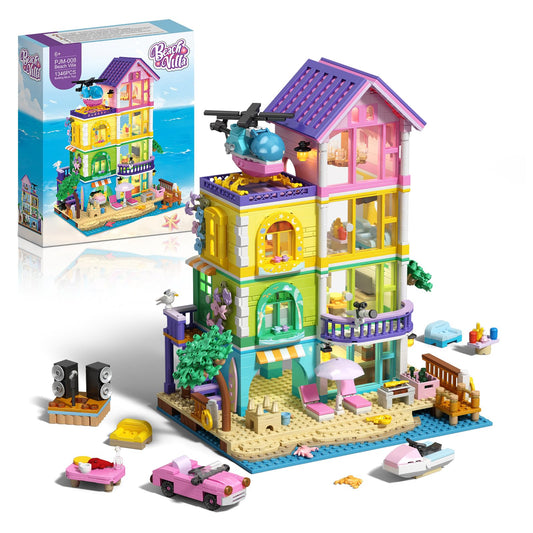 Beach House Building Set with Light, NO Compatible with Lego Friend House for Girls Age 8-12, 1346PCS Mini Bricks Seaside Villa, Creative Holiday Cottage Building Kits, for Girl 8-14