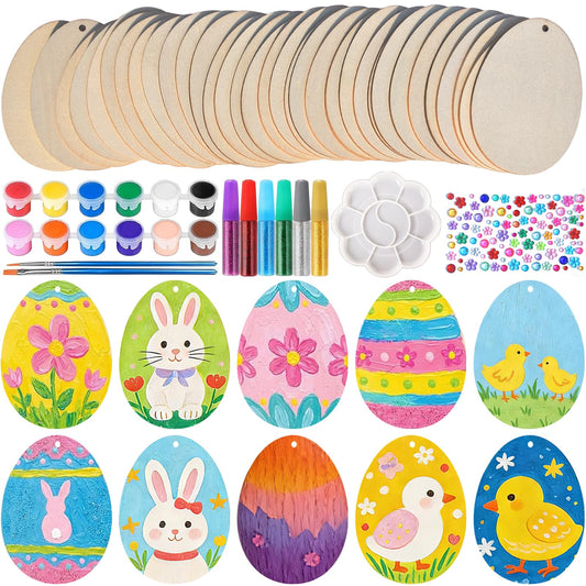Mother's Day Egg Wood Painting Kit, 36 Unfinished Blank Wooden Eggs with Hanging Ropes, DIY Spring Crafts and Family Activities, Easter Tree Ornaments, Home Holiday Decorations and Party Supplies