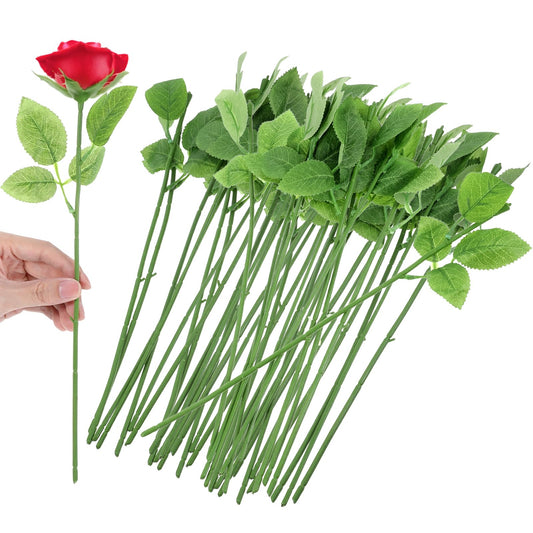 Tolare 100 Pcs Rose Stems with Leaves, Fake Flower Stems Artificial Plastic Floral Wire DIY Craft Supplies for Bouquet Making Wedding Party Home Decor Arrangement Tools