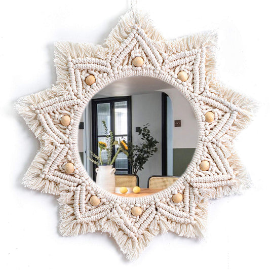 TENEWEE Boho Wall Decor Mirror Macrame Circle Hanging Mirror for Bedroom Living Room Apartment Entryway Home Decor
