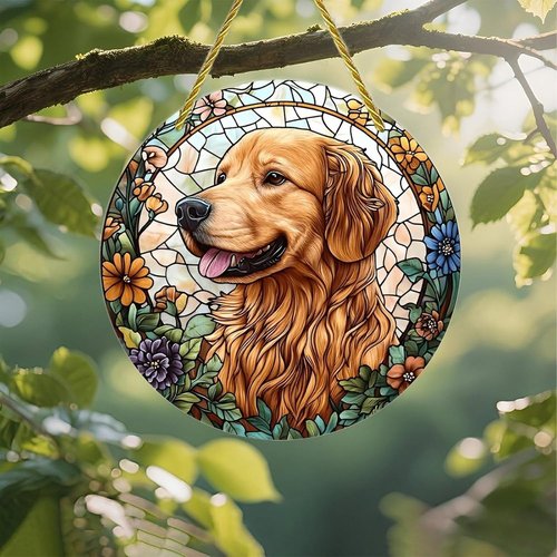 Golden Retriever Acrylic Suncatcher - Colorful Floral Stained Glass 7-Inch Window Art Decor