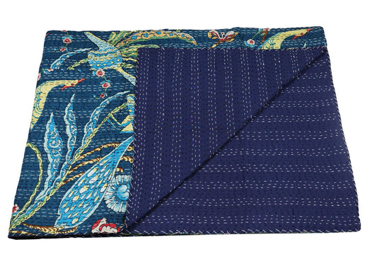 Marubhumi Indian Handmade Traditional Unique Print Kantha Quilt Throw Blanket Bespread Hand Stitched with Love (Navy, Queen (90"x 108"))