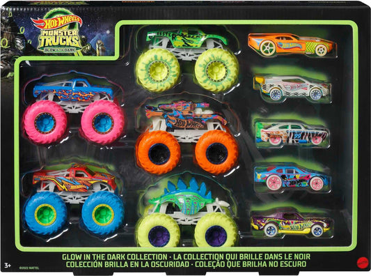 Hot Wheels Toy Monster Trucks 10-Pack of Glow-in-the-Dark 1:64 Scale Vehicles, GITD Set of 5 Trucks & 5 Cars, Play Vehicles for Kids & Collectors