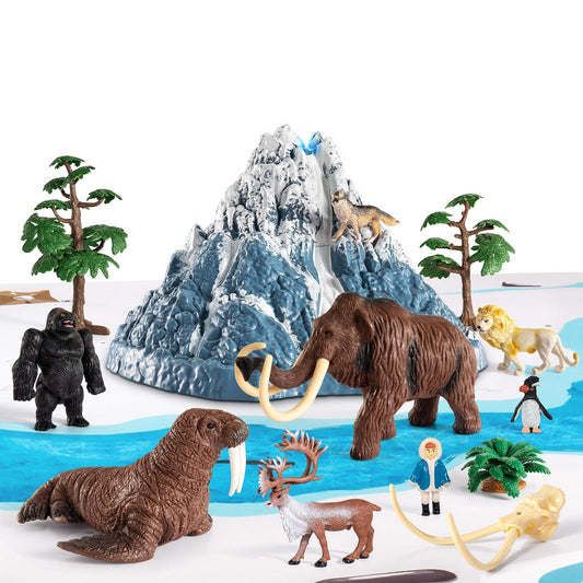Prehistoric Animal Toys Set for Kids 3-5 Years, Safari Animals Figurines and Snowy Volcano Toy with Large Play Mat, Mammoth, Lion, Gorilla