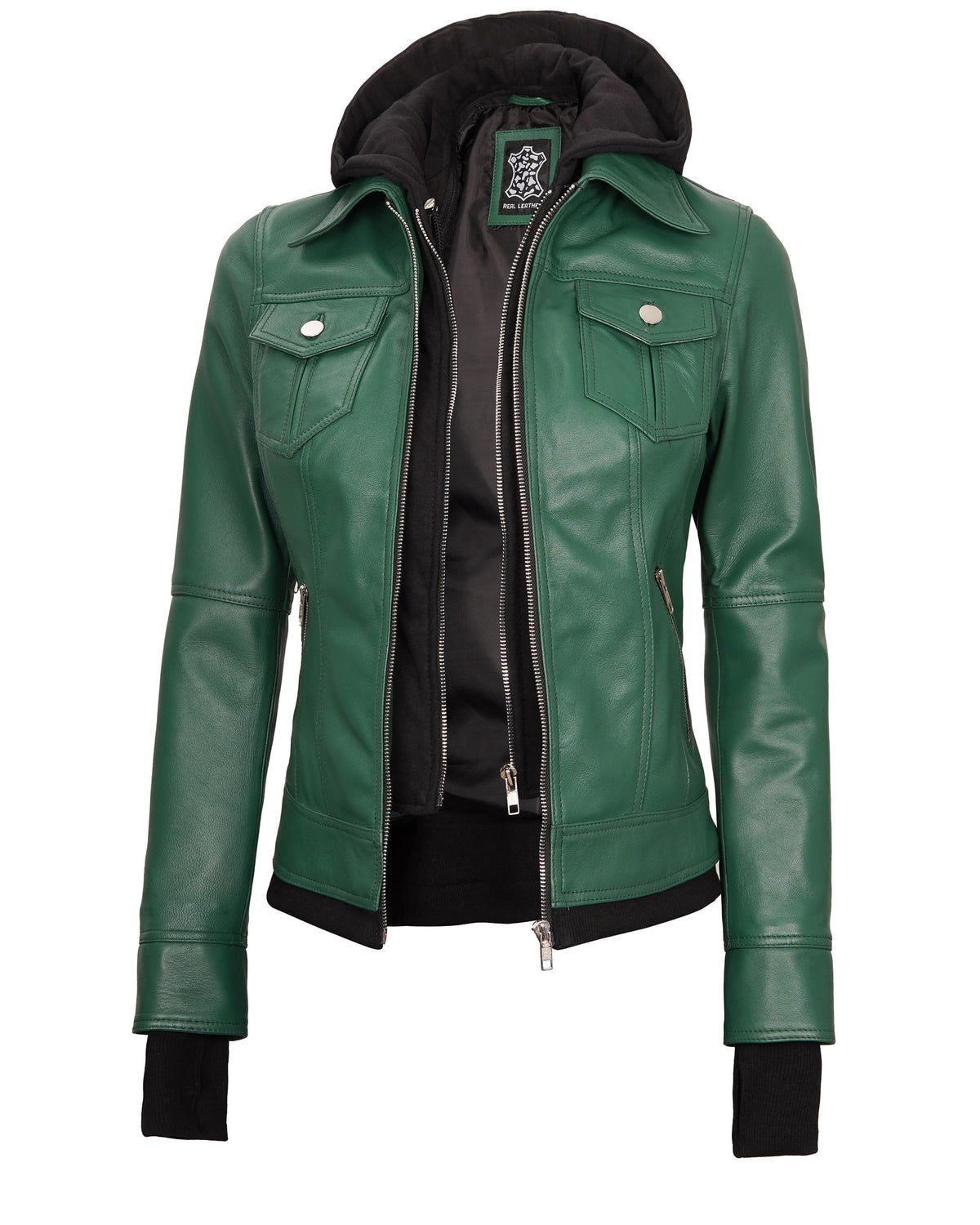 Blingsoul Hooded Leather Jacket Women | [1323863] Betty Green, M