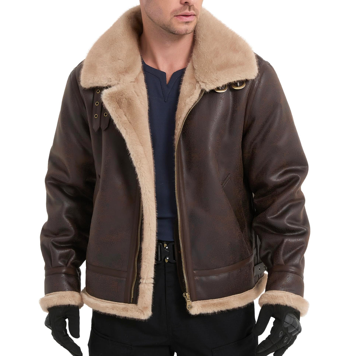 Mifidy Mens Leather Jacket, Brown Motorcycle Bomber Jacket Leon Comfort Fur Shearling Flight Breathable Durable Comic Con Cosplay Coat Birthday Gift Small
