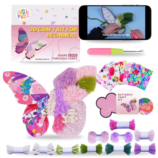 ChillFuzz DIY Boho Butterfly Coaster Kit Handcrafted Yarn Craft Set for Adults & Teens Colorful Crochet Coasters Beginner-Friendly DIY Home Decor Pink Origin