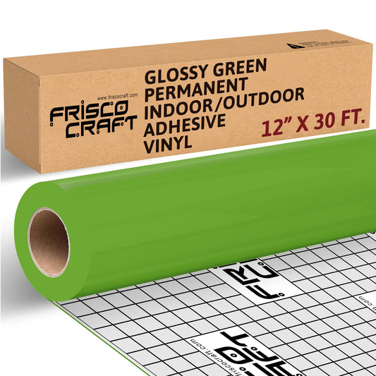 Frisco Crafts Glossy Green Permanent Vinyl - 12" x 30 Feet - Durable Self Adhesive Vinyl for Crafting, Signage, & Home Decor - Weather-Resistant Green Roll