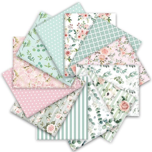 Whaline 12 Pcs Cotton Fabric Bundles Floral Greenery Fabric Square Pink Green Retro Flower Sewing Fabrics for Spring DIY Handmade Craft Decor, 14 x 14 in