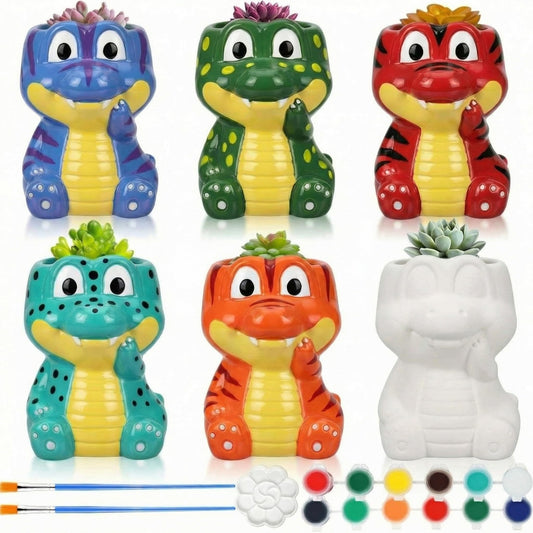 Pasimy 6 Set Ceramics to Paint DIY Ceramic Succulent Planter Pots Paint Your Own Flower Pots Craft Kit Unpainted Bisque Flowerpot with Brush Palette for Family Activity Holiday Gifts (Cute Dinosaur)