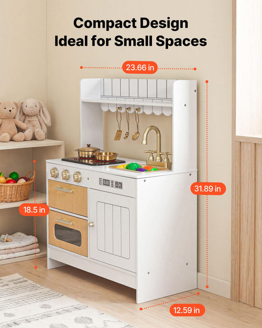 VEVOR Play Kitchen for Kids, Wooden Kids Kitchen Playset with Real Lights & Sounds, Food & Cookware Accessories, Pretend Play Toy Set, Sink, Oven, Stove, Cabinet, for Toddlers, Girls & Boys Ages 3-8