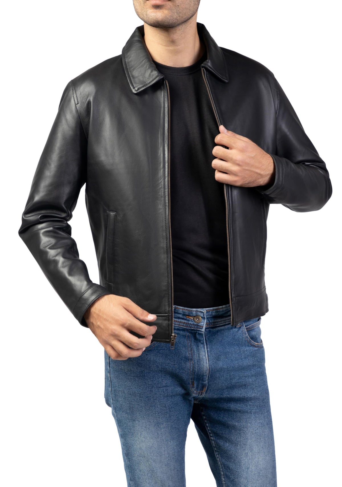 Jild Polo Collar Premium Leather Jacket Men - Old School Classic Style Everyday Wear Real Lambskin Mens Leather Jacket (Polo-Blk-3XL)
