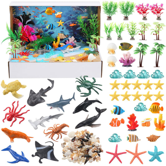 Teyva Daily 60 Pcs Ocean Diorama Kit Habitat Project Box Set 3D Ocean Diorama Supplies Include Under The Sea Animals Figures Artificial Coral Seagrass with Cardboard for DIY Crafts Gifts