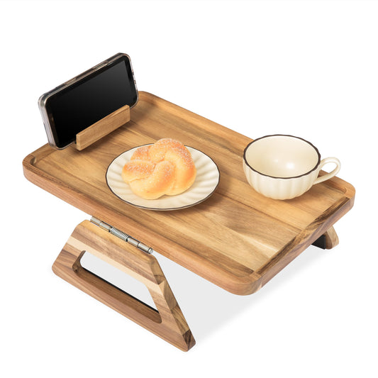 VICTORY RELAX Acacia Wood Arm Table (15.35" D x 9.8" W x 5.7" H), Couch Arm Tray for TV Dinners, Remote, Foldable Armrest Organizer, Rectangular Sofa Armrest Tray - Light Natural