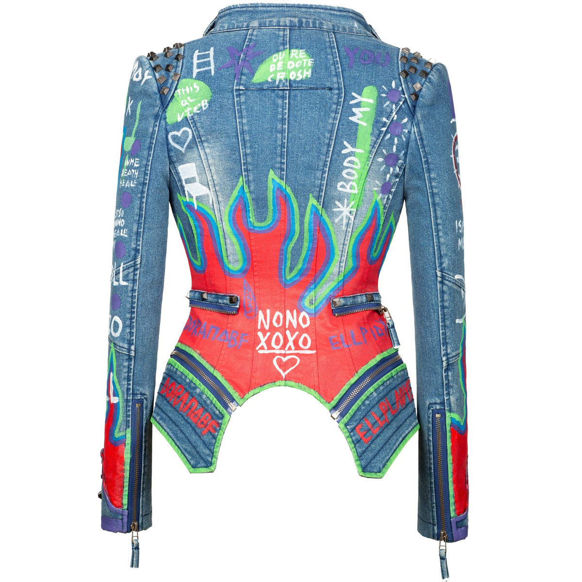 Fashion SX Women's Punk Floral Embroidered short Faux Leather Jacket Hand-painted Moto PU Coat （Blue-S