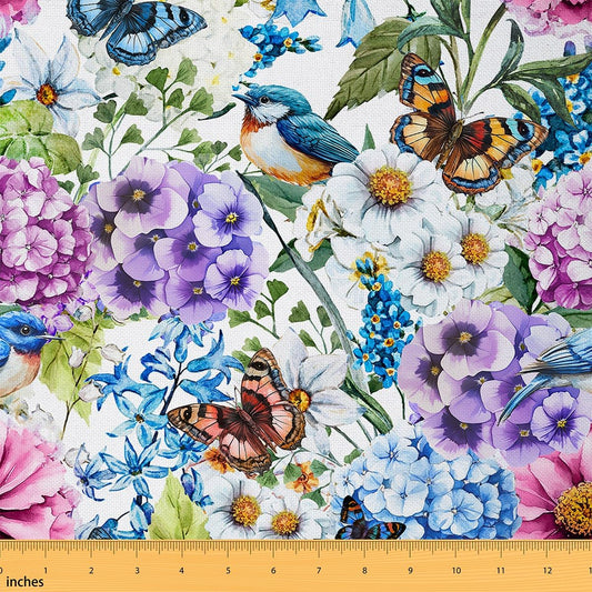 Spring Flowers Fabric by The Yard Sofas,Village Florals Birds Butterflies Flannel Polyester Fabric,Watercolor Garden Pattern Indoor Outdoor Fabric,Farmhouse Style DIY Crafts,1 Yard,36" L x 59" W
