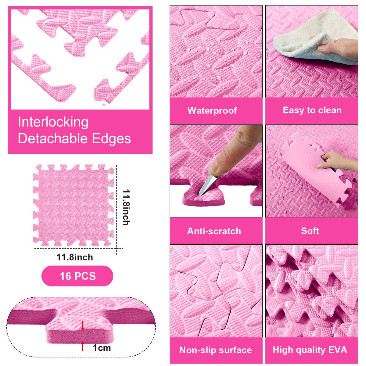 Shihanee Foam Floor Tiles Foam Floor Mats Play Mats Bulk with Borders Interlocking for Bedroom Gym Nursery(11.8 x 11.8 Inch,Light Pink)