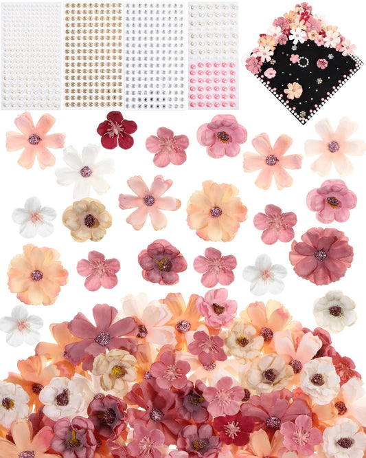 Giegxin DIY Graduation Cap Decorations Kit - 160 Mini Faux Flower Heads & 6 Pearl Rhinestone Stickers, Artificial Fabric Flowers for DIY Grad Hat Topper, Wedding Garland & Crafts(Vintage Color)