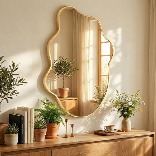 Fahomiss Gold Mirror Irregular Wall Mirror, Asymmetrical Mirror, Irregular Bathroom Mirror, Decorative Wall Mirror, Wavy Abstract Mirror for Bedroom, Bathroom & Hallway (24"x36", 1 Pack)