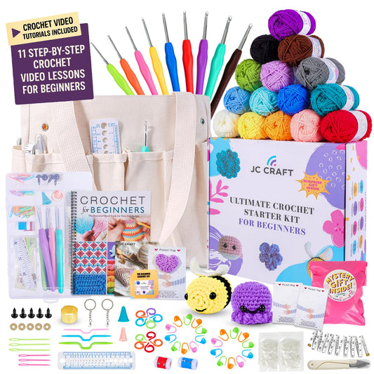 JC CRAFT Beginner Crochet Kit – 81 Piece Starter Set with 15 Colorful Yarns, Ergonomic Hooks, Complete Supplies, White Tote Bag, Accessories Case, Guide Book & Online Video Lessons