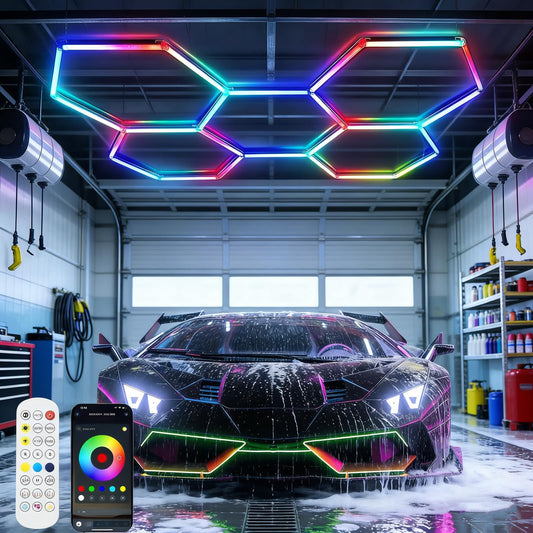 25 Pack RGB Hexagon Garage Light Kit, 5 Hex Panels with Music Sync, Color Changing LED Lighting, App & Remote Control, DIY Honeycomb Design for Garage, Gym, Workshop, Gaming Room