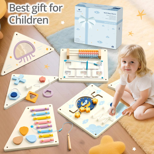 Pillowhale Tangram Activity Wall Busy Board Panels, 12-in-1 Learning Activity Center, Wooden Montessori Sensory Toys for Toddler Playroom, Nursery, Daycare, Classroom, Dentist Waiting Room