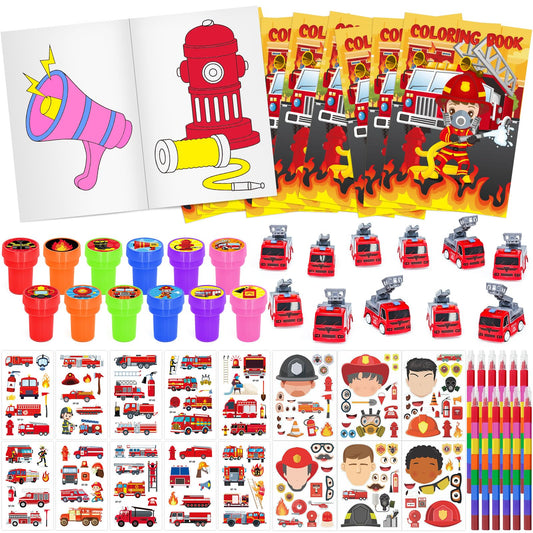 Cinrobiye 72 PCS Firefighter Coloring Books Party Favors Set Fireman Party Favors Goodie Bag Fillers Fire Truck Birthday Party Supplies DIY Stickers Tattoos Prizes Art Crafts for Home Classroom