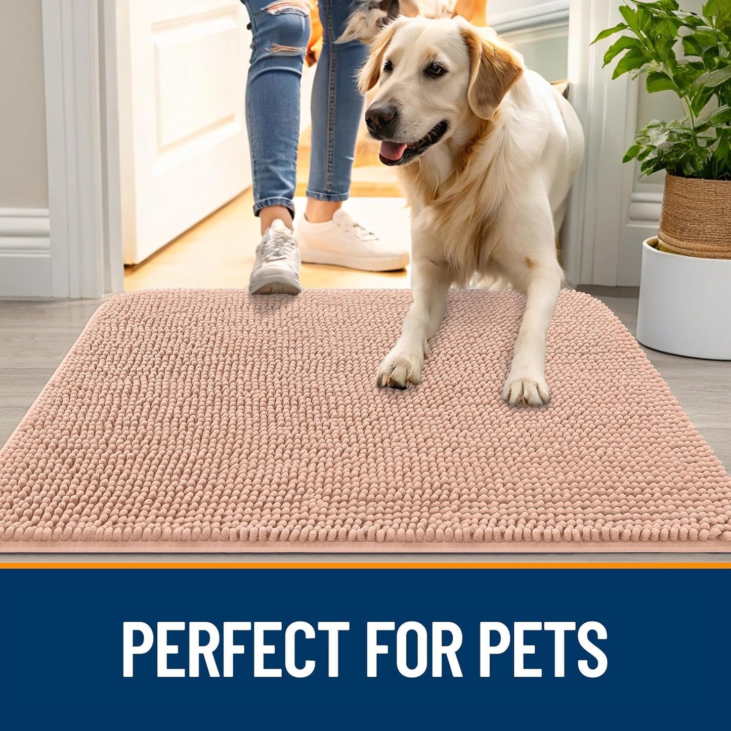 OLANLY Dog Door Mat - Absorbent Non-Slip Chenille for Muddy Paws | 40x24 Inches, Quick Dry, Peach