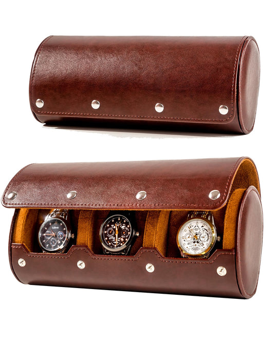 MR.OKAY 3 Watch Travel Case- Classic Leather Watch Case With Superb Texture.Portable Watch Roll Or Organizer For Storage And Display. Men's Great Gift For Traveling, 100% Handmade by Artisans.
