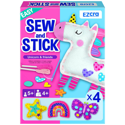 EZCRA Unicorn Sewing Kit for Kids Ages 4-8, 4 Easy Projects, No-Mess Learn-to-Sew Arts & Crafts with Felt Stickers for Beginners