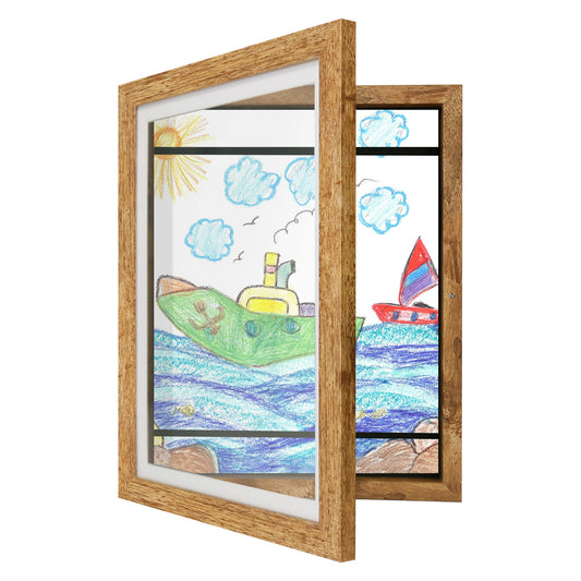 Kids Art Frames 8.5x11 - Front Opening Childrens Picture Frame Changeable, Wood Artwork Display Storage for Wall Mount, Magnetic Door Holds 50 Art Pieces for Drawings, 3D Picture, Crafts, Portfolio, Brown