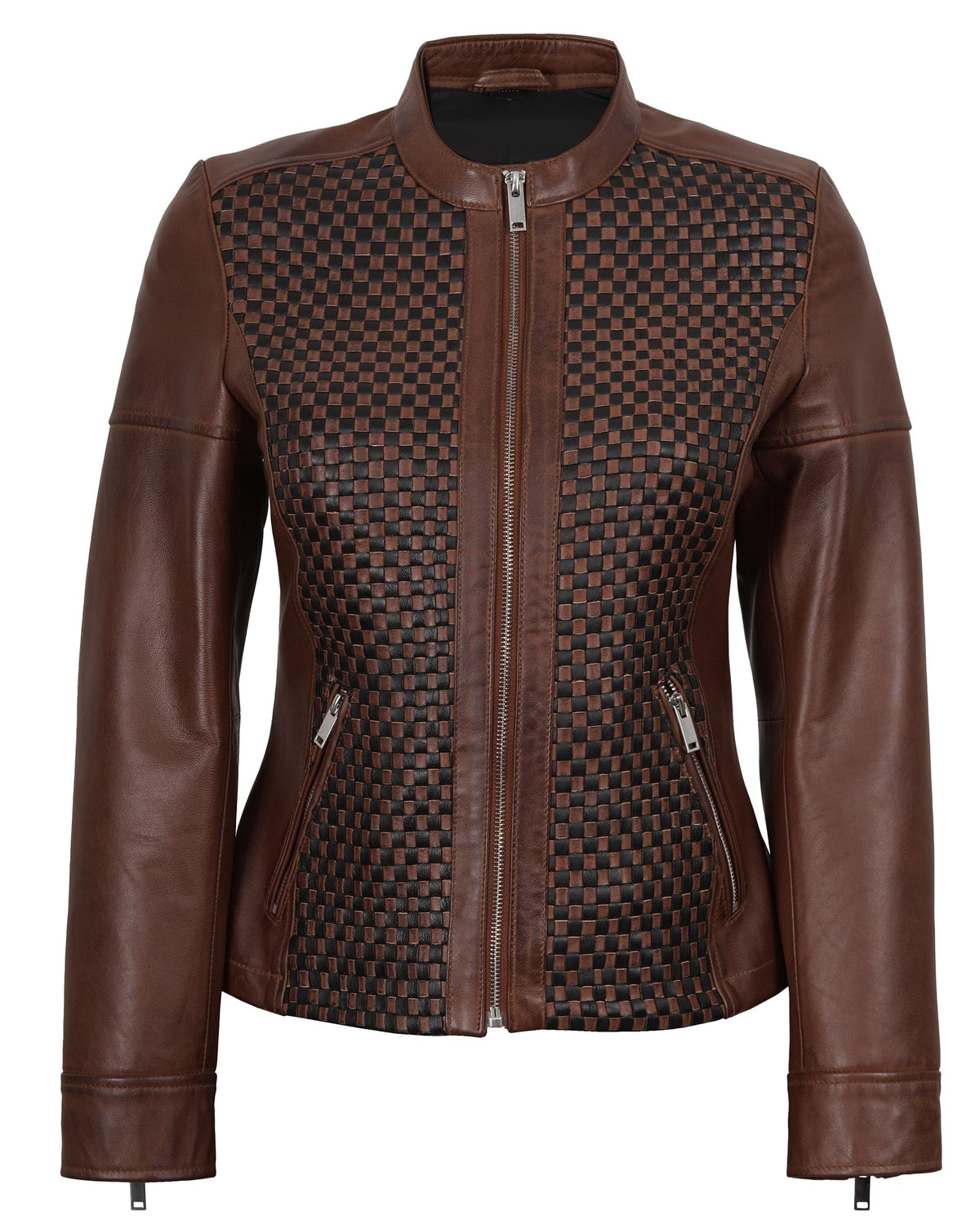 fjackets Real Lambskin Leather Cropped Jacket Long Sleeve Bolero Style Collarless Women Jackets - Maude Brown Leather Jacket Women | [1311535] XL