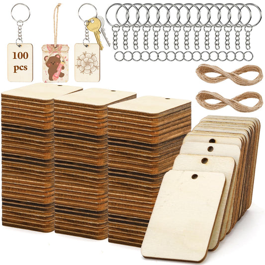 WRINGKIT 100 Pcs Blank Wood Tag, 2x1.3 Inch Wooden Keychains with Key Rings, Unfinished Wood Pieces for Crafts, Rectangle Wooden Cutouts with 32.8ft Jute Rope for DIY Gift Tags, Hanging Decorations