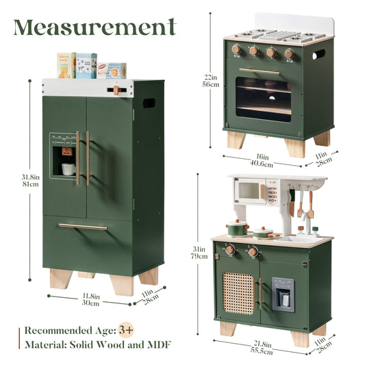 ROBOTIME Play Kitchen with Toy Fridge, Toy Oven, Wooden Kids Kitchen Play Set, Toy Kitchen Set for Kids Age 3 4 5 6 7 (Vintage Green)