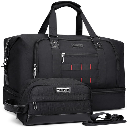 WITZMAN Travel Duffle Bags for Men Weekender Bags with Toiletry Bag Sets Carry On Overnight Bag 55L （B696 Black）