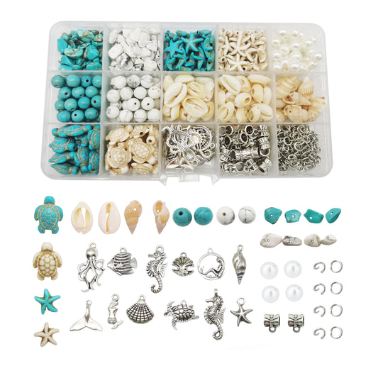 Julie Wang 422PCS Mixed Beach Ocean Jewelry Making Kit, Man-made Turquoise Starfish Turtle Beads Charm & Antique Silver Alloy Sea Animal Pendants, for Bracelet Necklace Earring Craft DIY Supplies