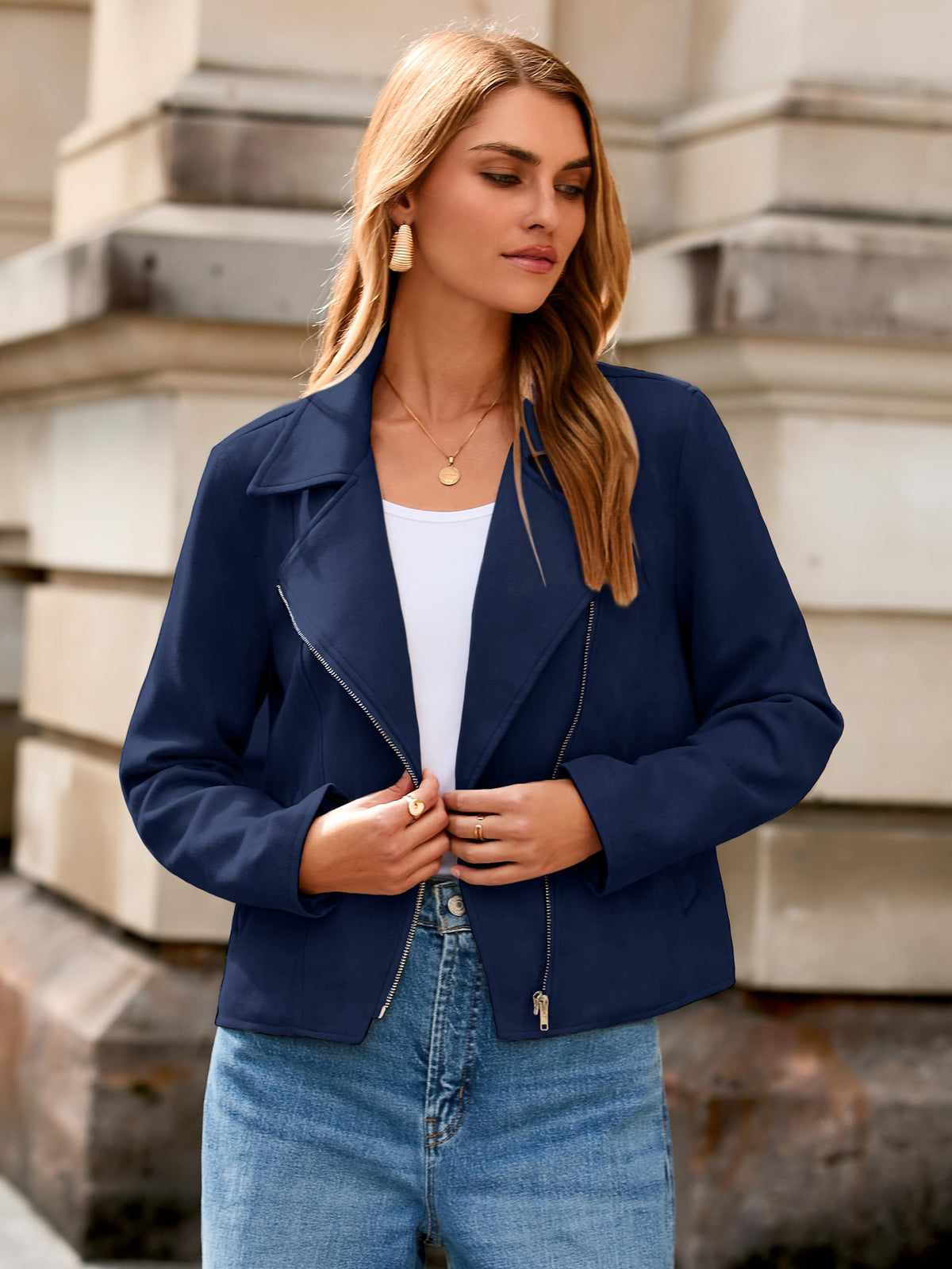 Glamaker Womens Faux Suede Jackets Long Sleeve Casual Cropped Zipper Biker Moto Jacket Fall Winter Outfits(Navy Blue,Large)